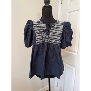 Moon River Navy Smocked Blouse with Intricate White Pattern Detailing